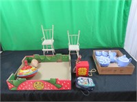 Toy chairs, top, tea set