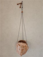 Vintage 3 faced lion motif hanging clay planter. L