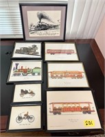Mixed Framed Art with Lithographs, Trains & More