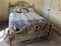 Full size metal white washed bed w/ bedding