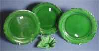 Three Spode green leaf dessert plates