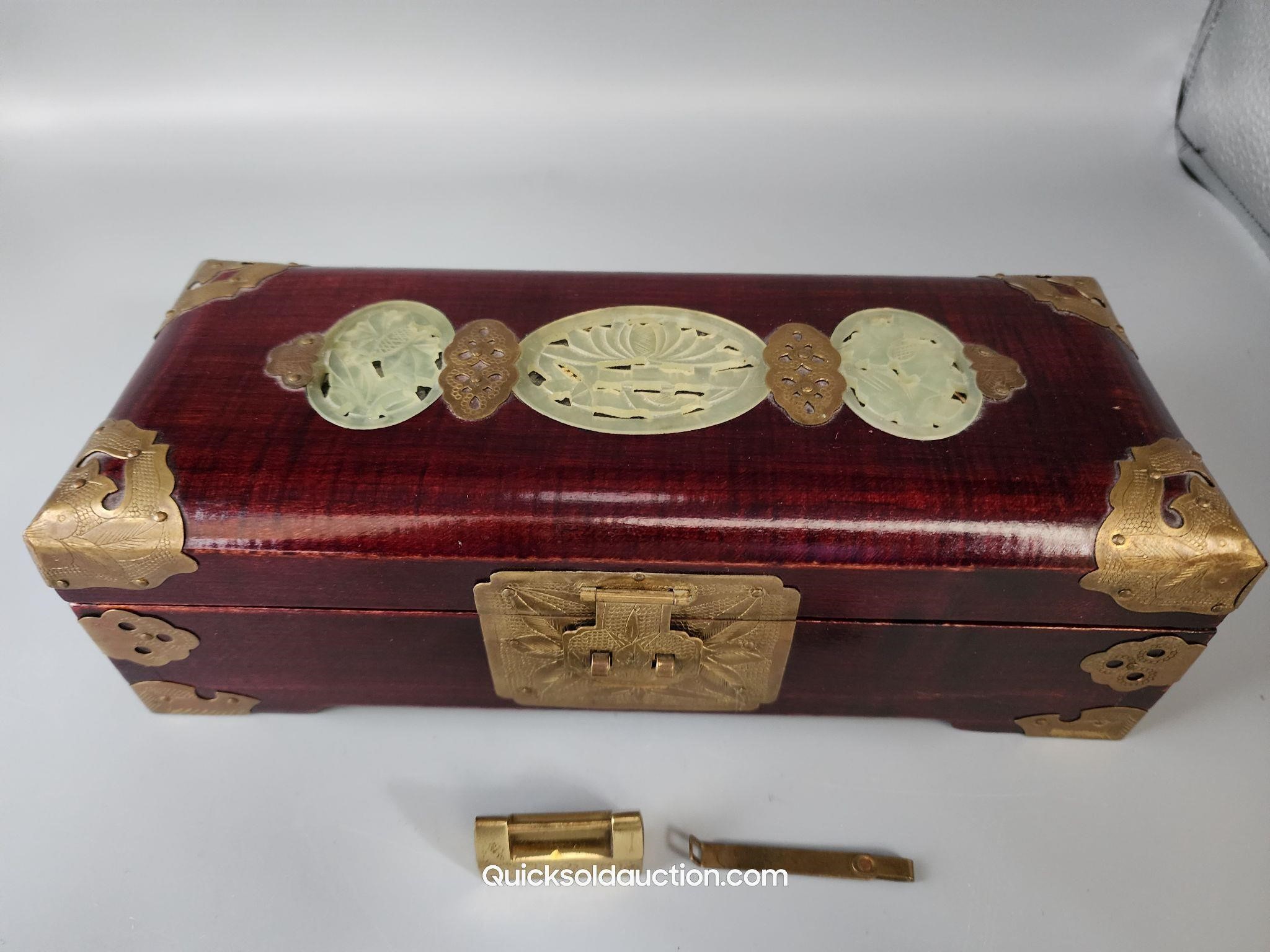 Cherry Wood Shanghai Jade Inlay Jewelry Box W/Lock