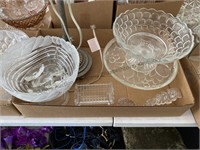 Crystal bowls,  cake stand & glass figurines.