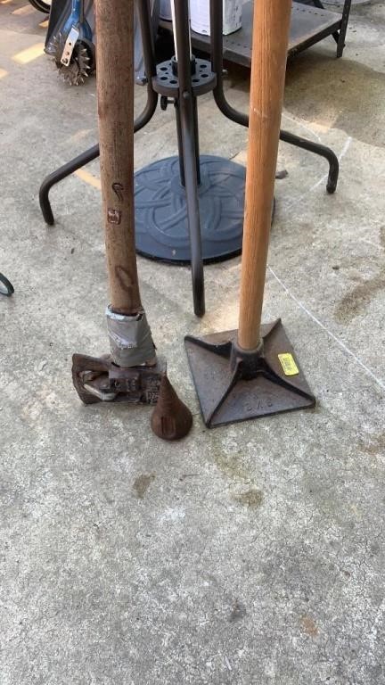 Vintage log splitter, Chopper axe, and 8x8 tamper