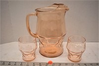 Pink Depression Glass pitcher and two glasses