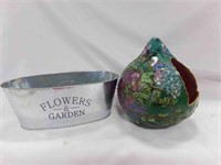 Metal Tin "Flower & Garden" Planter & Hand Painted