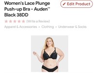 Auden women's 38DD lace plunge push-up bra MSRP 18