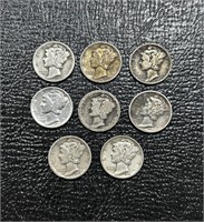 (8) Assorted Silver Mercury Dimes Assorted Dates
