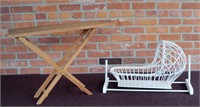 Vintage Childs Wicker Doll Cradle & Wood Ironing