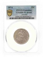 1874 US SEATED 25C SILVER COIN PCGS CLEANED - AU D