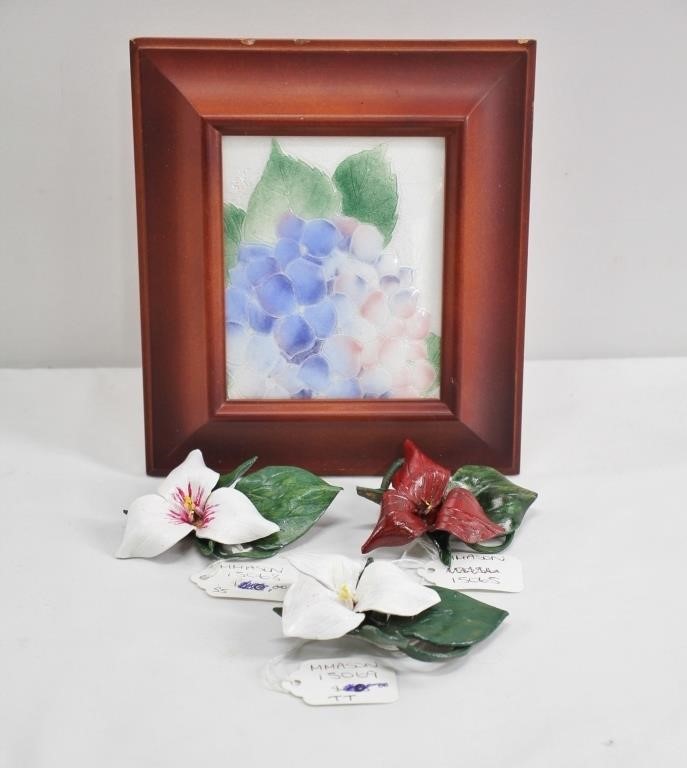 Enamel Hydrangeas Frame & 3pc Leather Masons