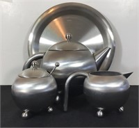 HENLEY STAINLESS STEEL TEA SET W SERVING TRAY