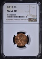 1954-S LINCOLN CENT, NGC MS-67 RD