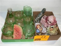 FLAT WITH GREEN DEPRESSION GLASSWARE, FLAT WITH