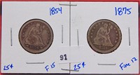 1854, 1875 Seated Quarters, F, F