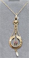 14K Chain Necklace w 10K Ruby & Pearl Pendant