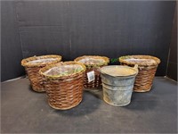 (4) 6" Wicker Baskets w/ Liner & Metal Bucket