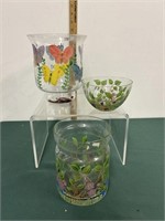 Hand painted art glass lot buterflies and flowers