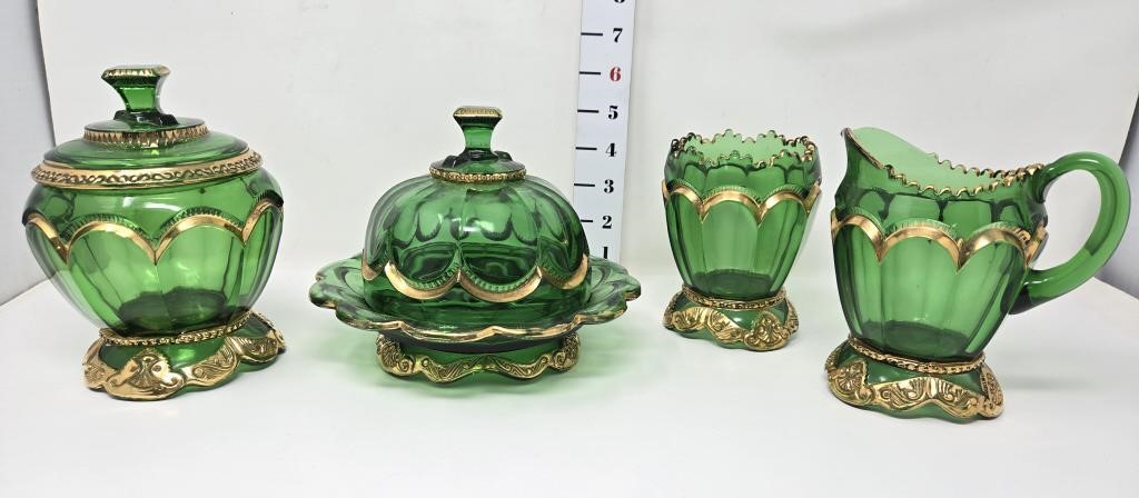 Green Empress Glass Butter Dish, Cream/Sugar, &