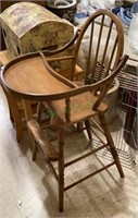 Antique child’s wooden high chair with attached