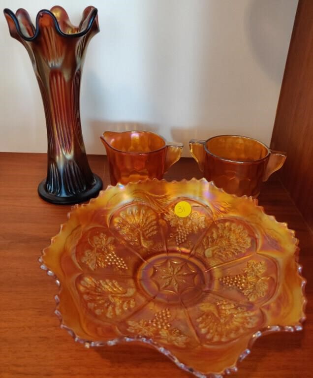 Carnival Glass Vase, Bowl, Cream & Sugar