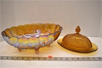 Carnival glass oblong footed bowl and amber