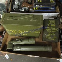 Ammo box, army green flashlights, oil tin