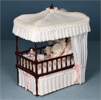 Dollhouse Miniature Canopy Bed & Dolls