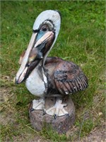 Vintage Painted Yard Cement Pelican With Fish in