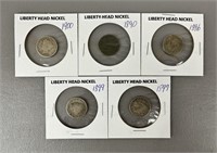 Five Liberty Head V Nickels