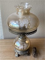 Gold Tone Hurricane Glass Lamp W/ Etched Roses