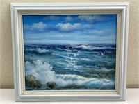Framed Acrylic Painting: Seagulls Above Ocean