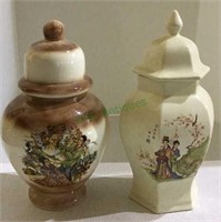 Two vintage oriental themed ginger  jars - tallest