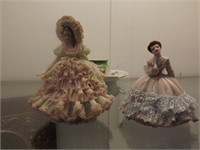 2 Lace Dressed Porcelain Dolls & Hand Painted