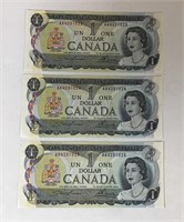 3 CONSECUTIVE  CANADIAN ONE DOLLAR BILLS