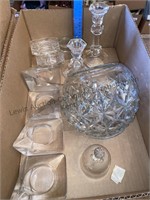 Box of candleholders, cut glass bowl and more