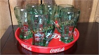 6 glass Coca-Cola mugs and tray