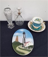 Vintage vase, cruet, teacup & saucer, and