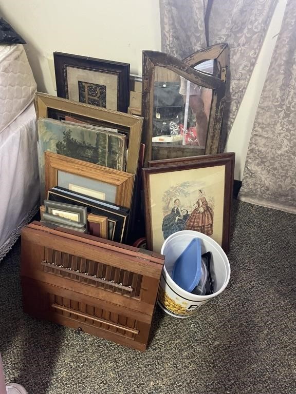 lot of pictures, framed small shutters, etc.