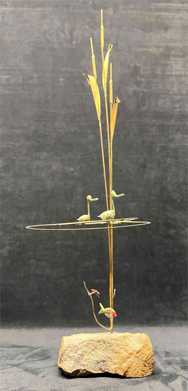 Folk Art Sculpture Brass Ducks On A Pond Signed Br