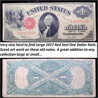 Large 1917 Red Seal One Dollar Note- Hard To Find