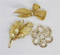 3 Vintage Gold Tone Brooches