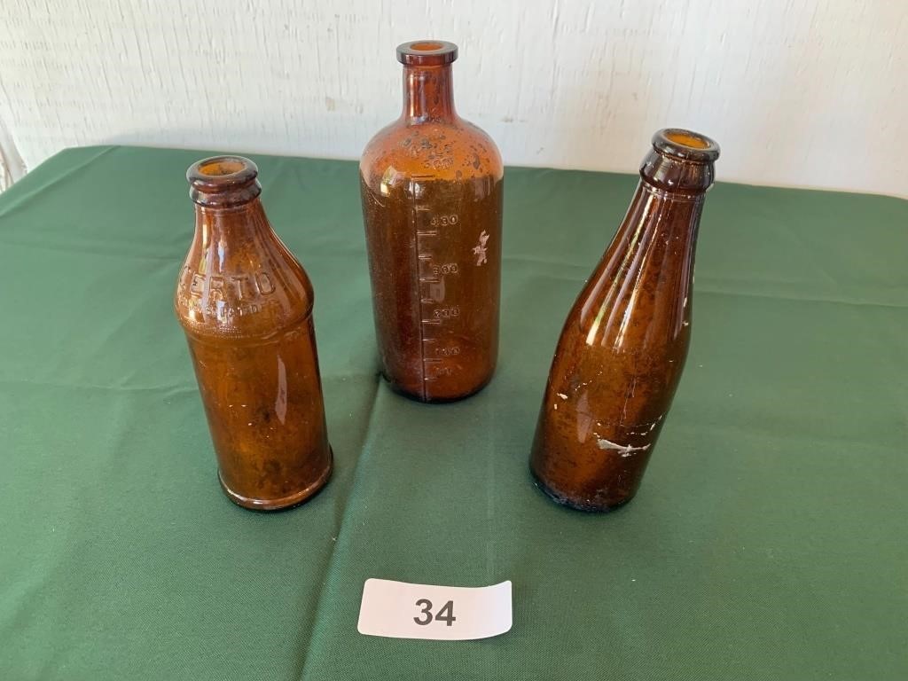 (3) Vintage Brown Glass Bottles