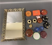 Group vintage dresser items - mirror, covered box,