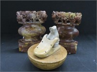 PAIR SOAPSTONE BOOKENDS & PAPERWEIGHT