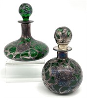 2 Art Nouveau Sterling Overlay Green Vanity Jars