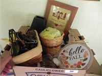 Box Lot of Baskets, Sunglasses, Wall Décor, Bed