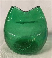 Blenko Crackle Glass Pinch Topped Hand Blown Vase,