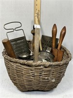 Primitive Kitchenware in hand woven basket includi