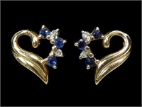 14K Yellow gold blue sapphire and diamond heart